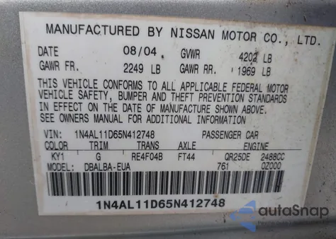2005 Nissan Altima 2.5 S from USA, damaged, VIN 1N4AL11D65N412748